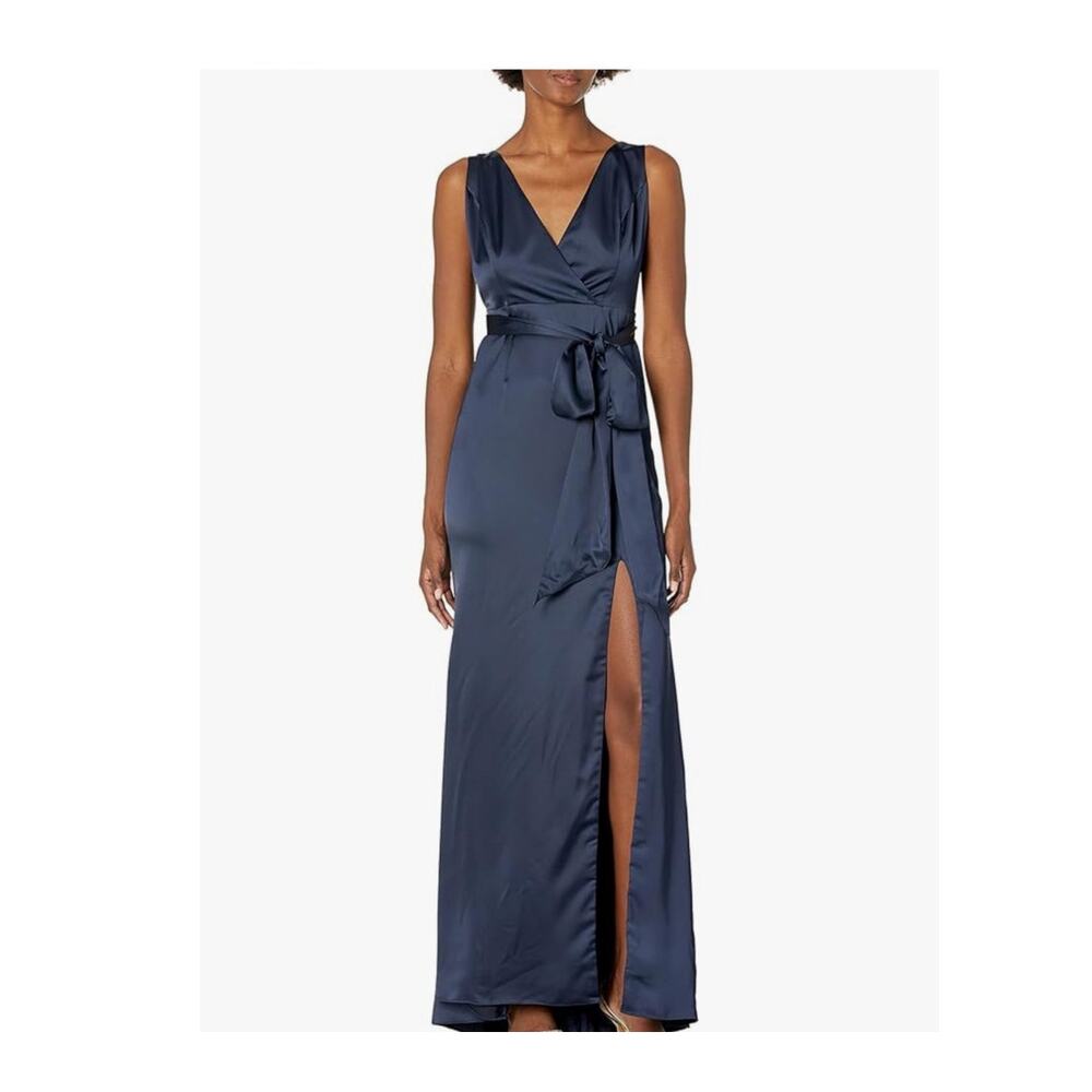 NWT Adrianna Papell Satin Open Bow Back Dress Midnight Navy Blue Sz 14 Gown